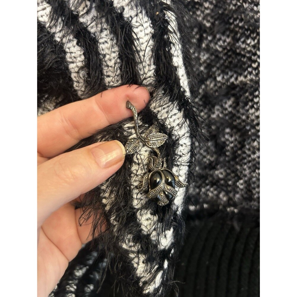 Elsea & Theodore Zebra Knit Cardigan Sweater Black White L Rose Brooch Chic Top - Picture 4 of 14